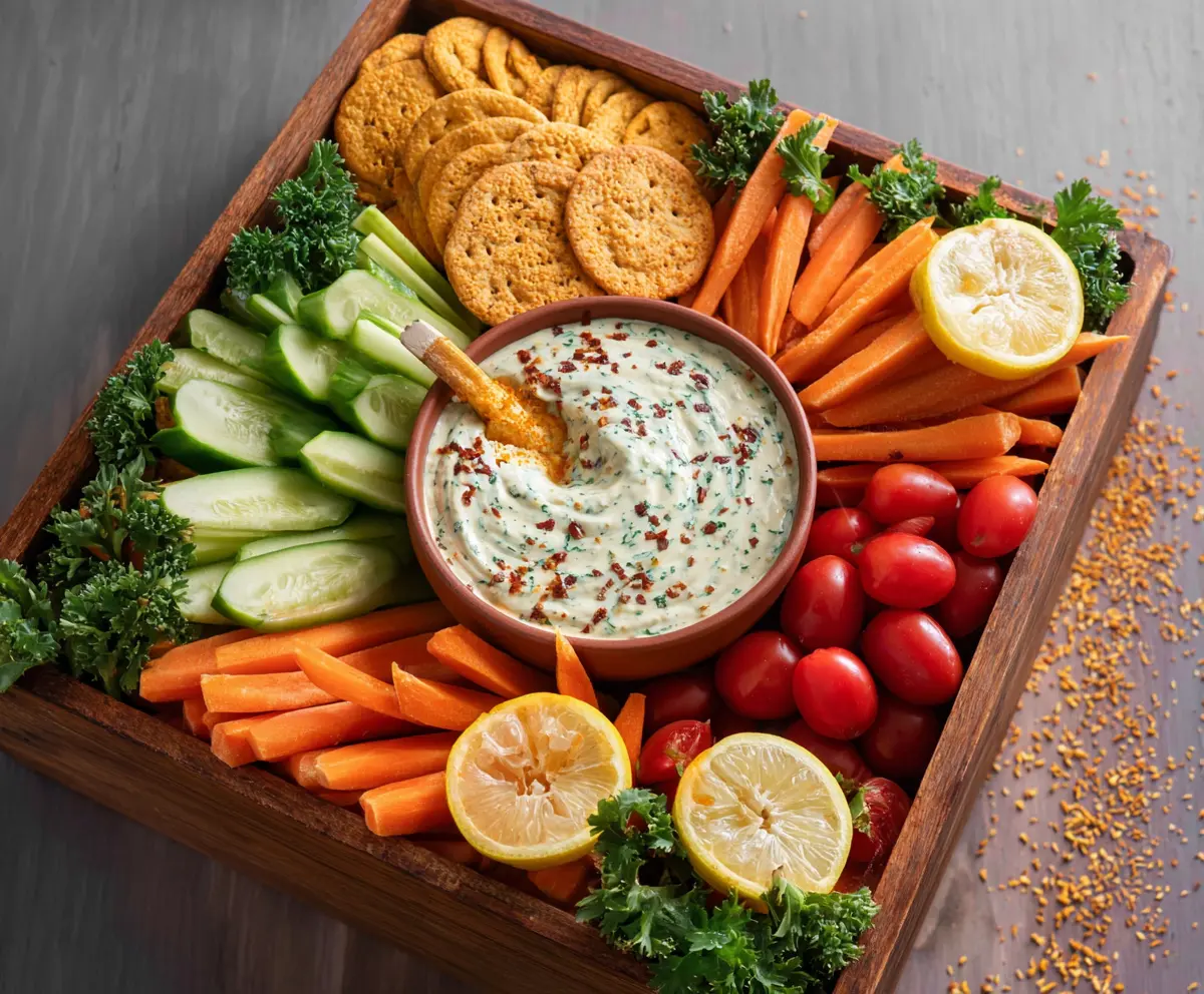 Colorful veggie platter with a creamy dip, perfect for healthy snacking