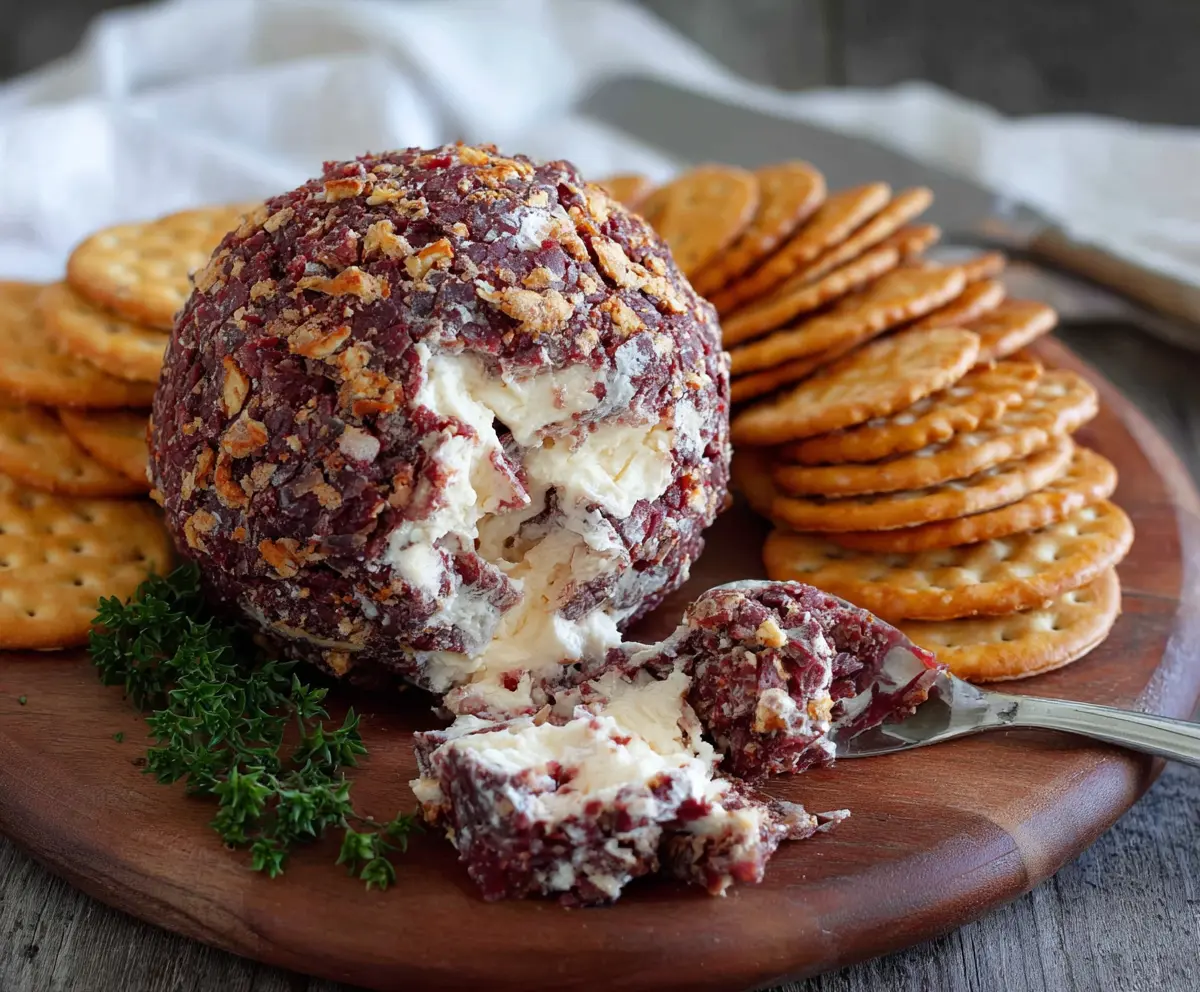 Delicious dried beef cheese ball with creamy cheese and savory seasonings on a plate.