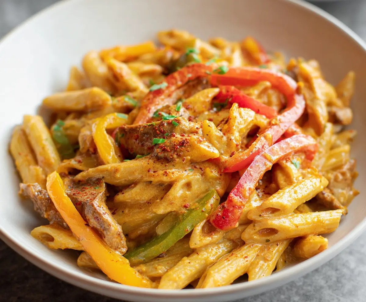 Delicious Fajita Pasta with colorful bell peppers and melted cheese on top.