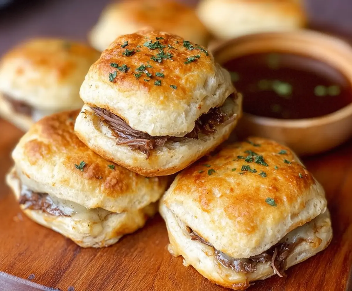 Delicious French Dip Biscuits with tender roast beef and melted cheese served in flaky biscuits.