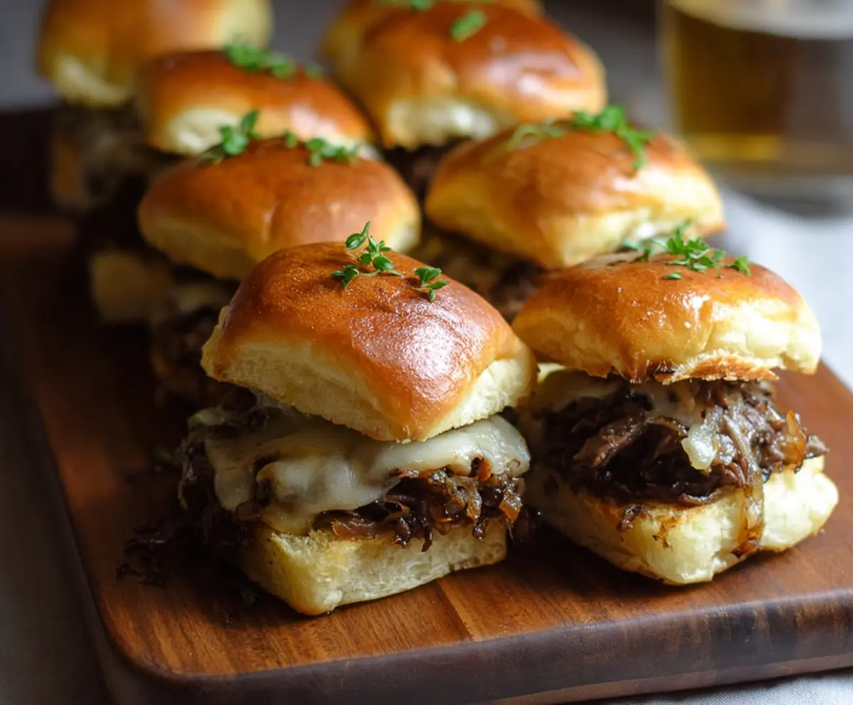 Delicious French Onion Beef Sliders topped with melted cheese on a serving plate.
