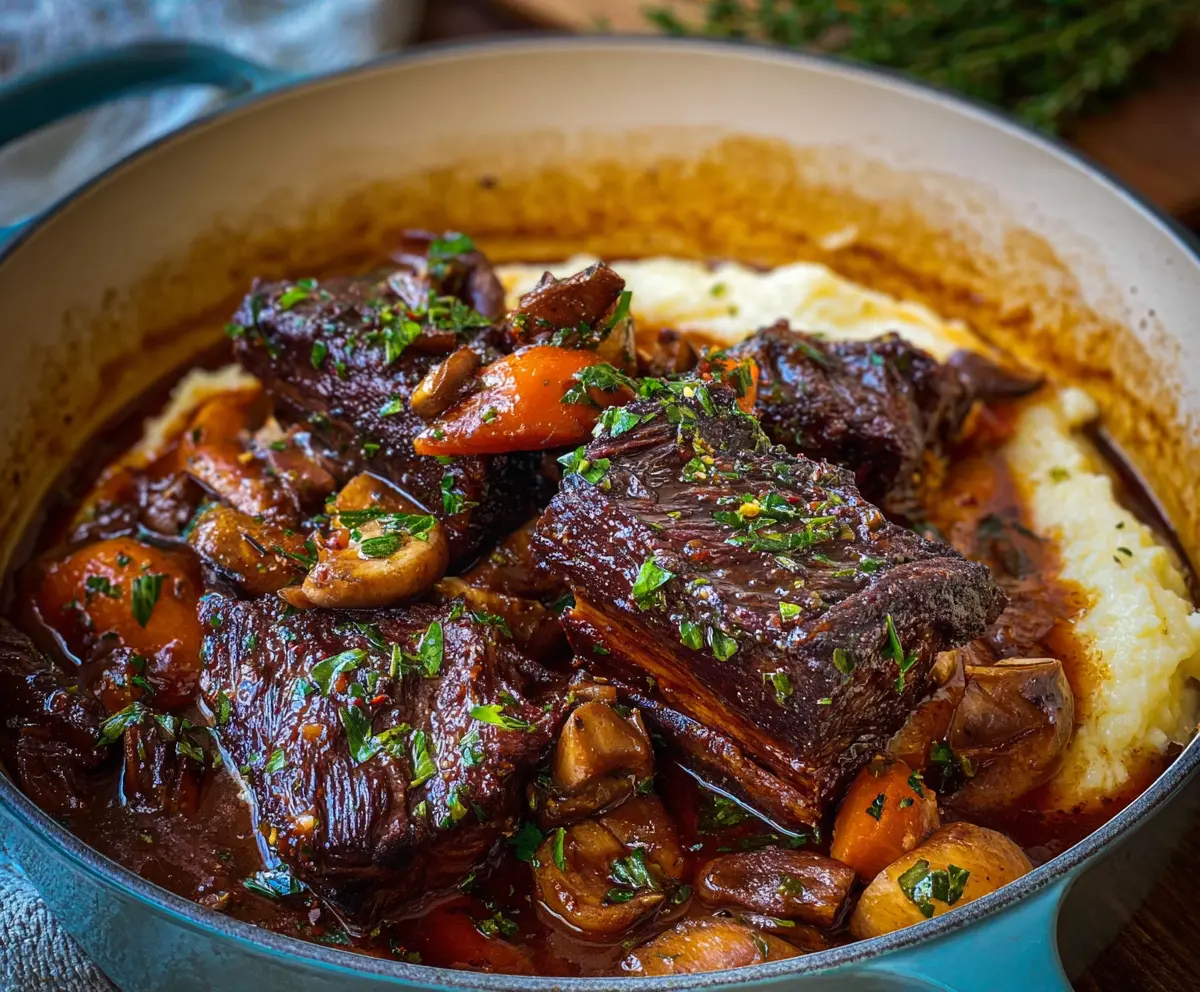Savory French-style braised short ribs served with rich gravy and tender vegetables.