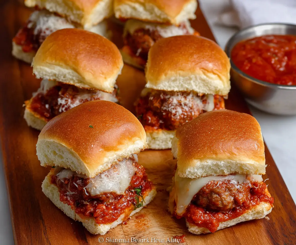 Delicious Game Day Meatball Sliders with melted cheese and fresh toppings on a platter.