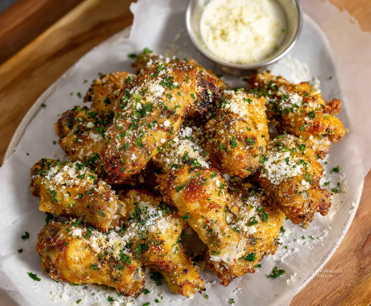 Crispy Garlic Parmesan Wings on a plate with fresh herbs and lemon for a flavorful appetizer.