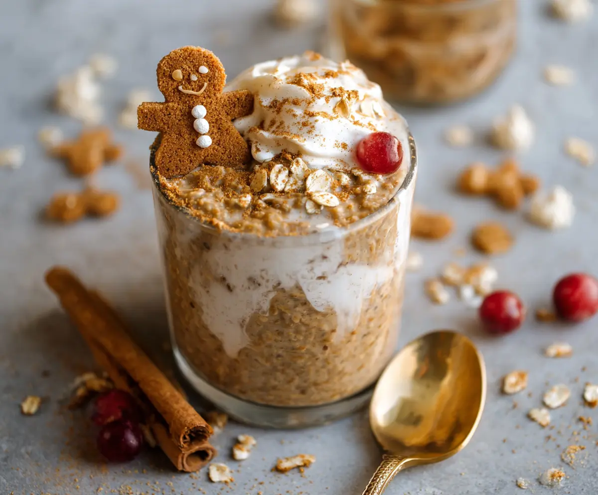 Creamy gingerbread overnight oats topped with cinnamon and ginger, served in a glass jar.
