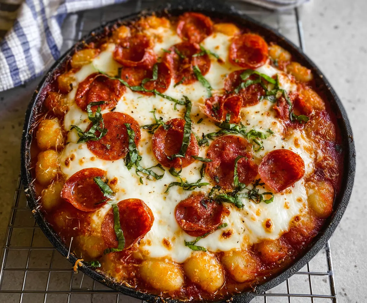 Delicious gnocchi pizza topped with melted cheese and fresh herbs on a baking tray.