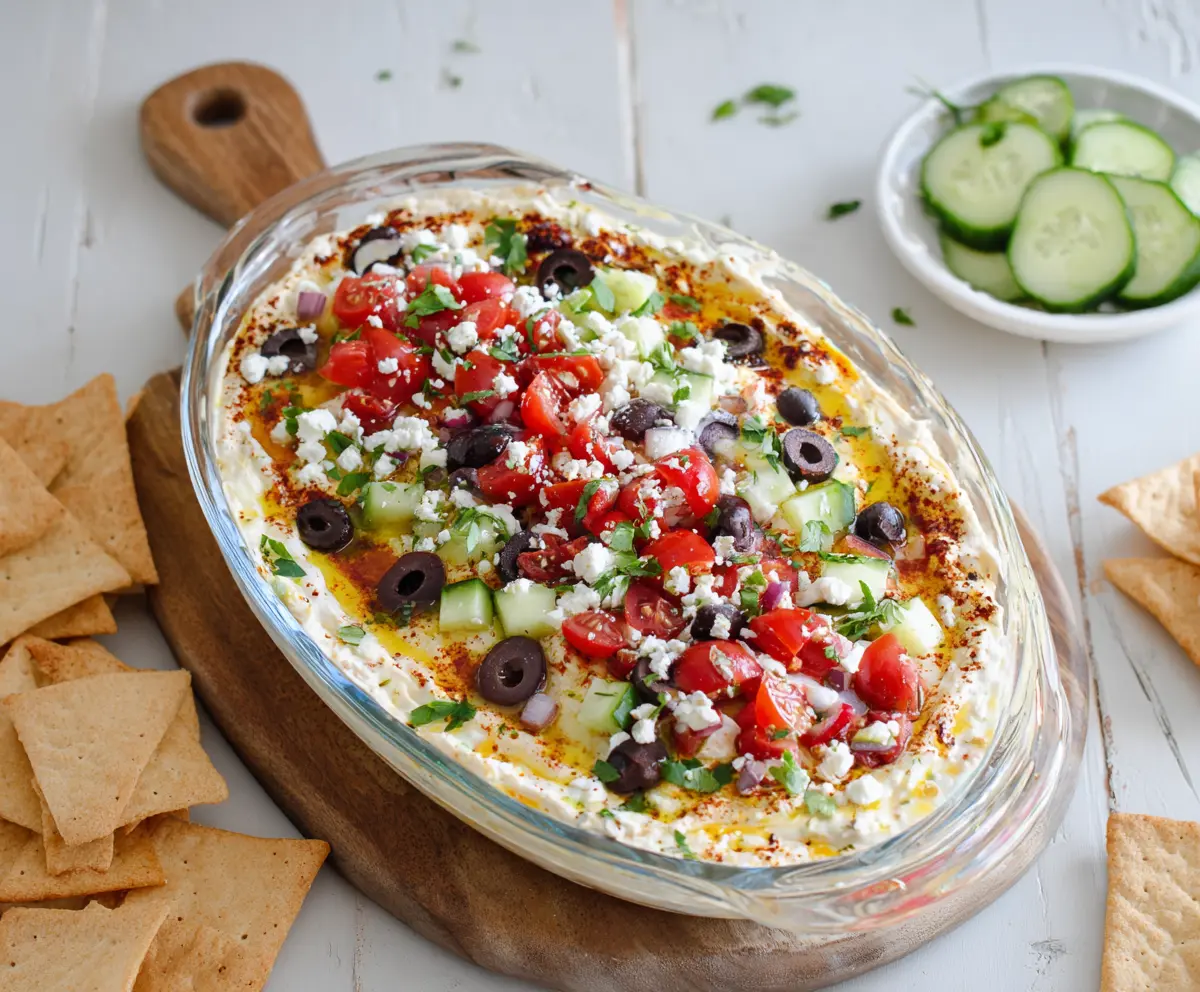 Delicious Greek Layer Dip with creamy hummus, savory olives, and fresh vegetables for a flavorful appetizer.