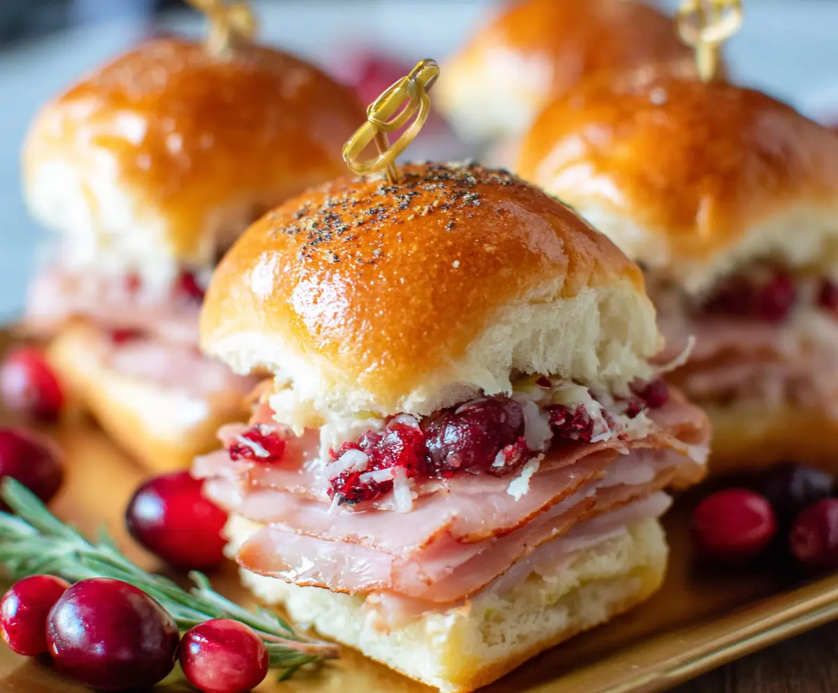 Delicious ham and cranberry sliders ready to serve, perfect for parties and gatherings.