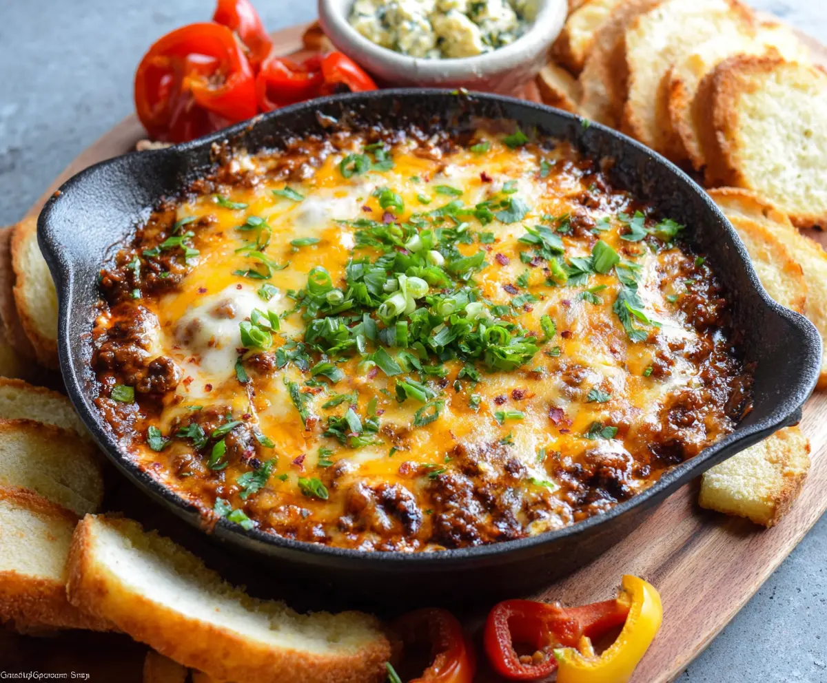 Delicious hamburger meat dip served with crispy chips, perfect for parties and gatherings.