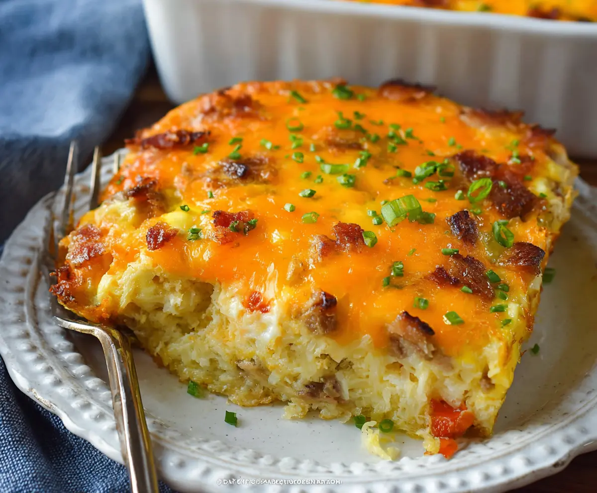 Delicious hashbrown breakfast casserole with eggs and melted cheese, perfect for a hearty morning meal.