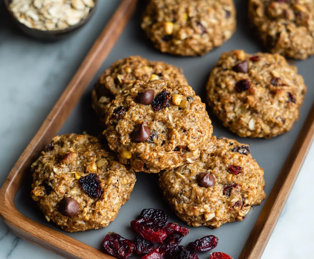 Healthy oatmeal breakfast cookies with oats, bananas, and raisins on a white plate.