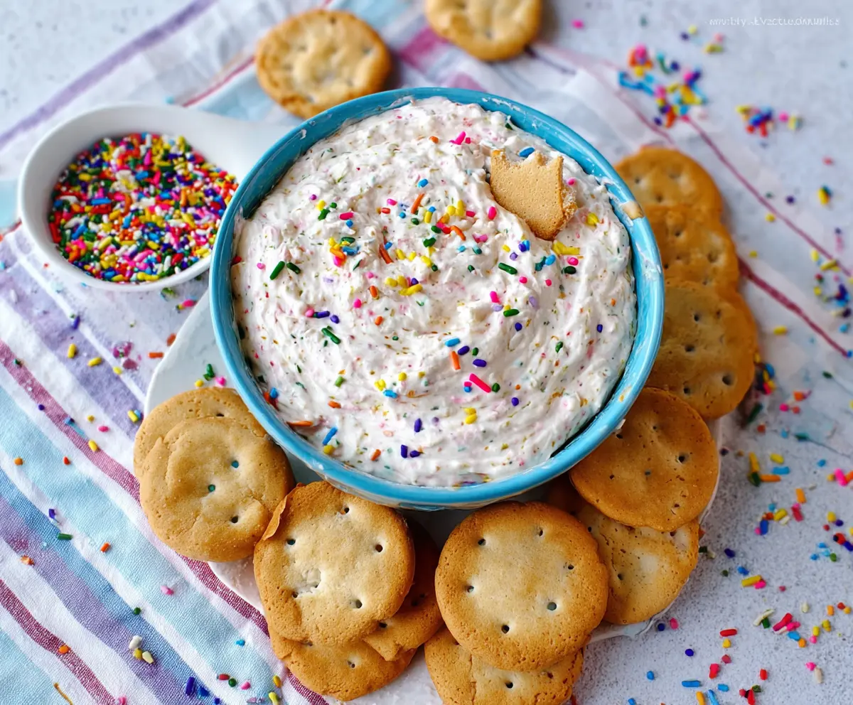 Colorful homemade funfetti dip with sprinkles served in a bowl, perfect for parties and celebrations.