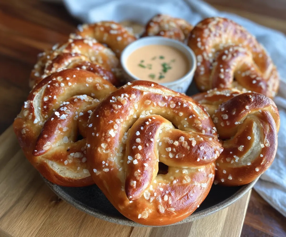 Golden homemade pretzels served with creamy queso dip on a rustic platter.
