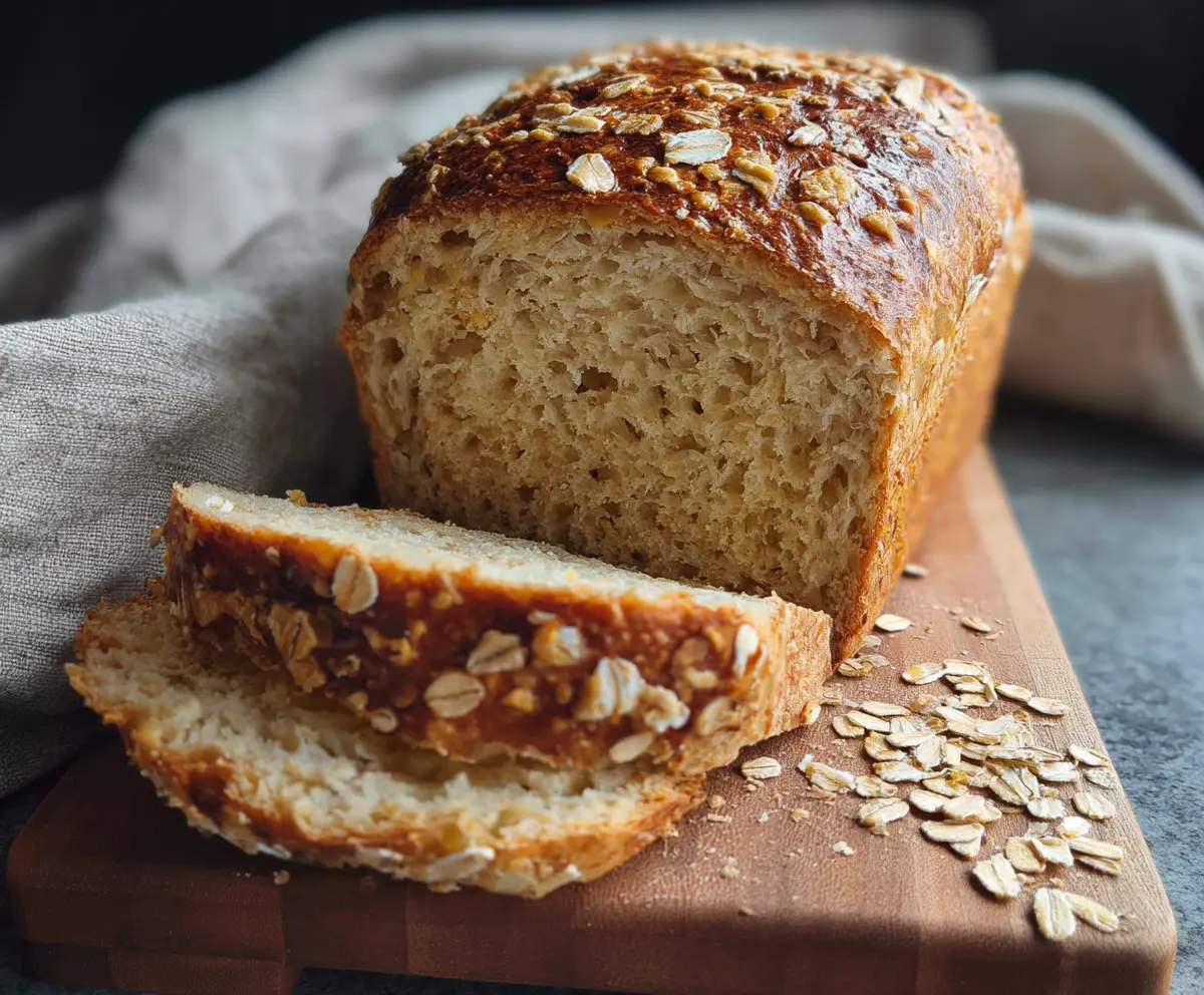 Freshly baked honey oat sourdough sandwich bread sliced on a wooden cutting board.