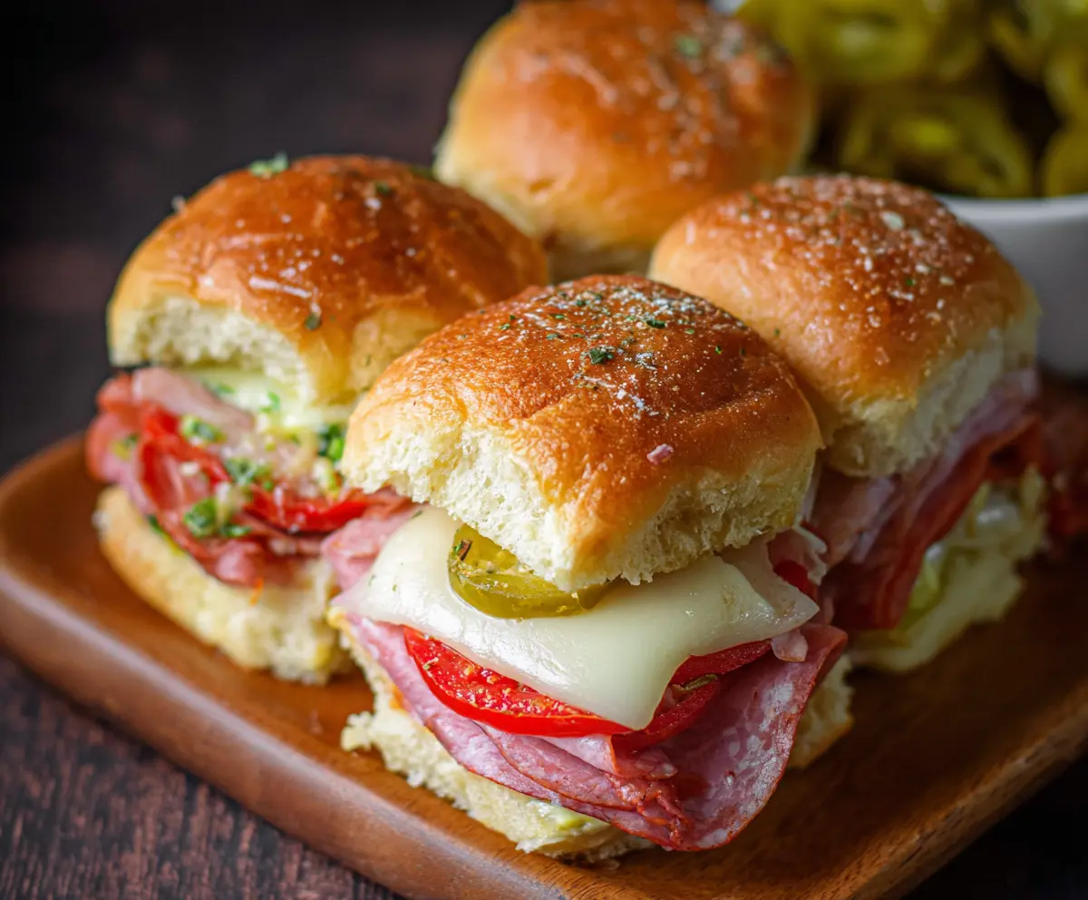 Delicious Hot Italian Sub Sliders with melted cheese, pepperoni, salami, and banana peppers ready to serve.