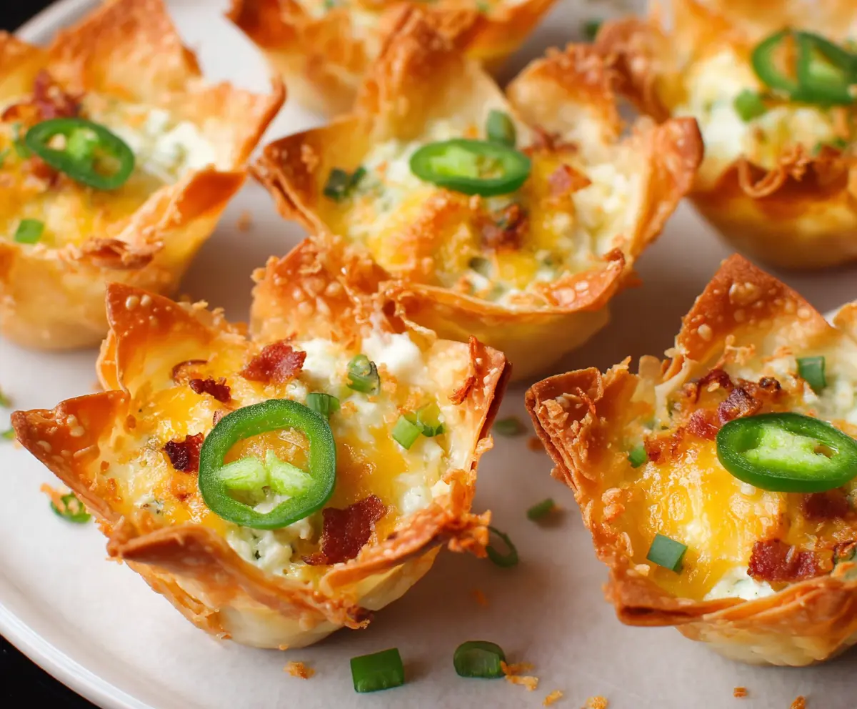 Delicious Jalapeño Popper Wonton Cups filled with creamy cheese and spicy jalapeños, perfect for appetizer dishes.