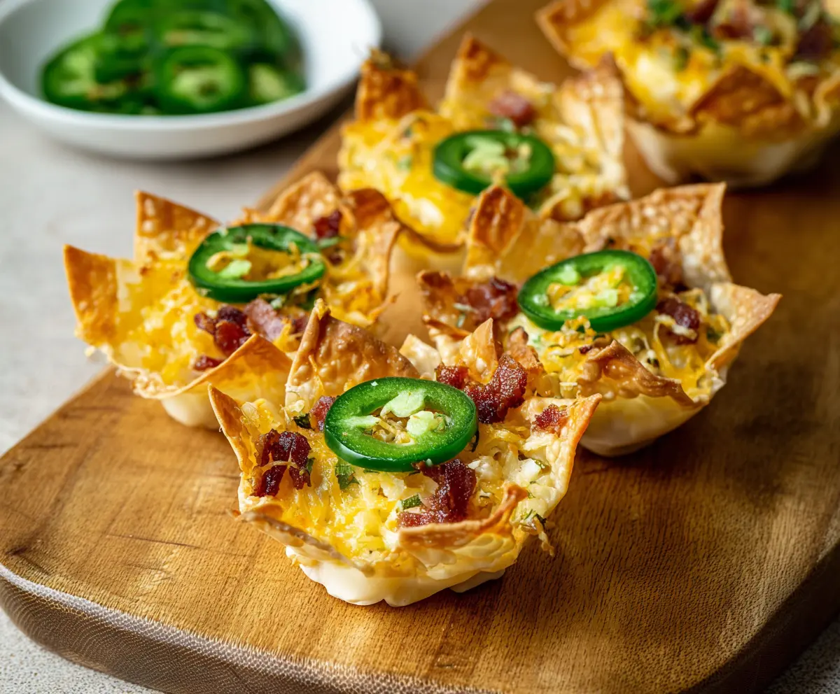 Baked Jalapeno Popper Wonton Cups filled with creamy cheese and spicy jalapenos on a serving plate.