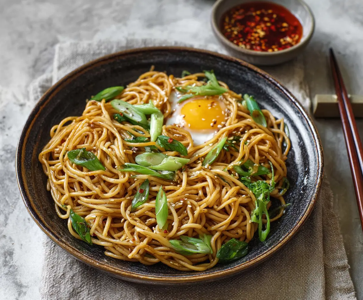 Delicious Japanese garlic fried noodles with crispy texture and savory flavor.