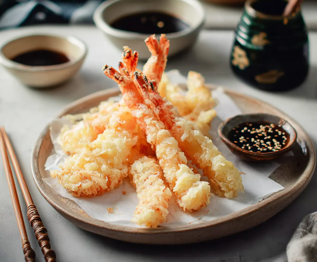Crispy Japanese shrimp tempura served with dipping sauce on a traditional plate.