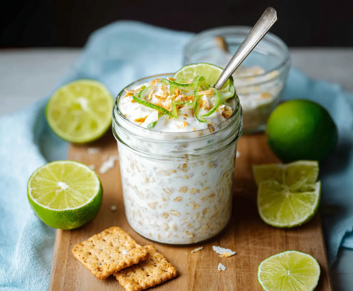 Delicious Key Lime Pie Overnight Oats in a glass jar topped with lime slices and whipped cream