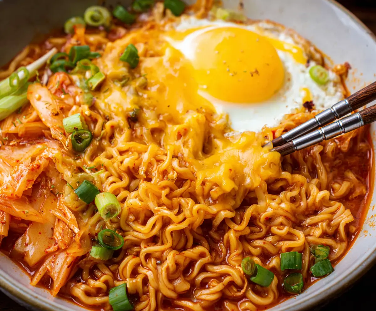 Delicious Kimchi Cheese Ramen bowl topped with melted cheese and spicy kimchi, perfect comfort food.