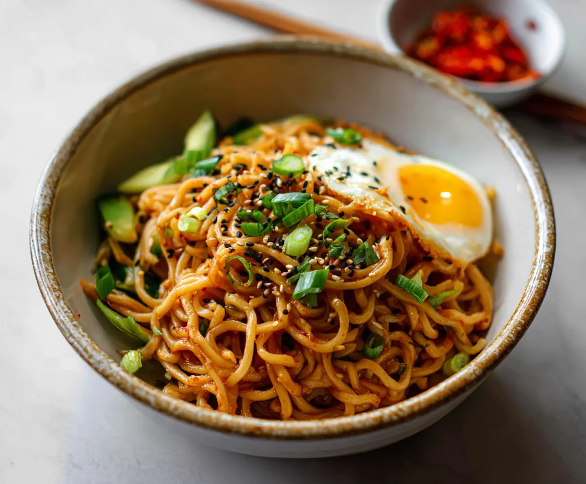 Delicious Korean Garlic Noodles garnished with green onions and sesame seeds, ready to serve.