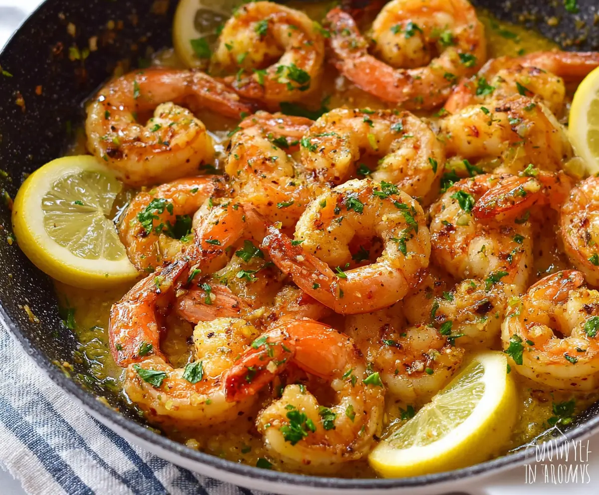 Juicy lemon butter garlic shrimp served on a plate with fresh herbs