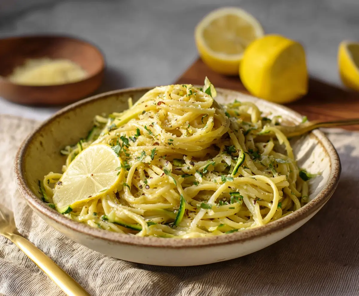 Fresh lemon zucchini pasta garnished with herbs on a white plate, vibrant and healthy recipe.