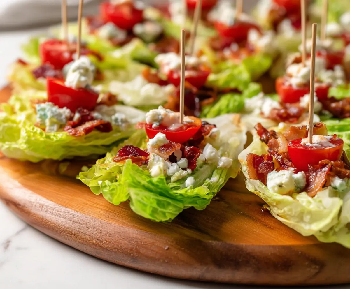 Close-up of fresh lettuce wedge bites topped with creamy dressing and crispy bacon bits, perfect for a healthy appetizer.