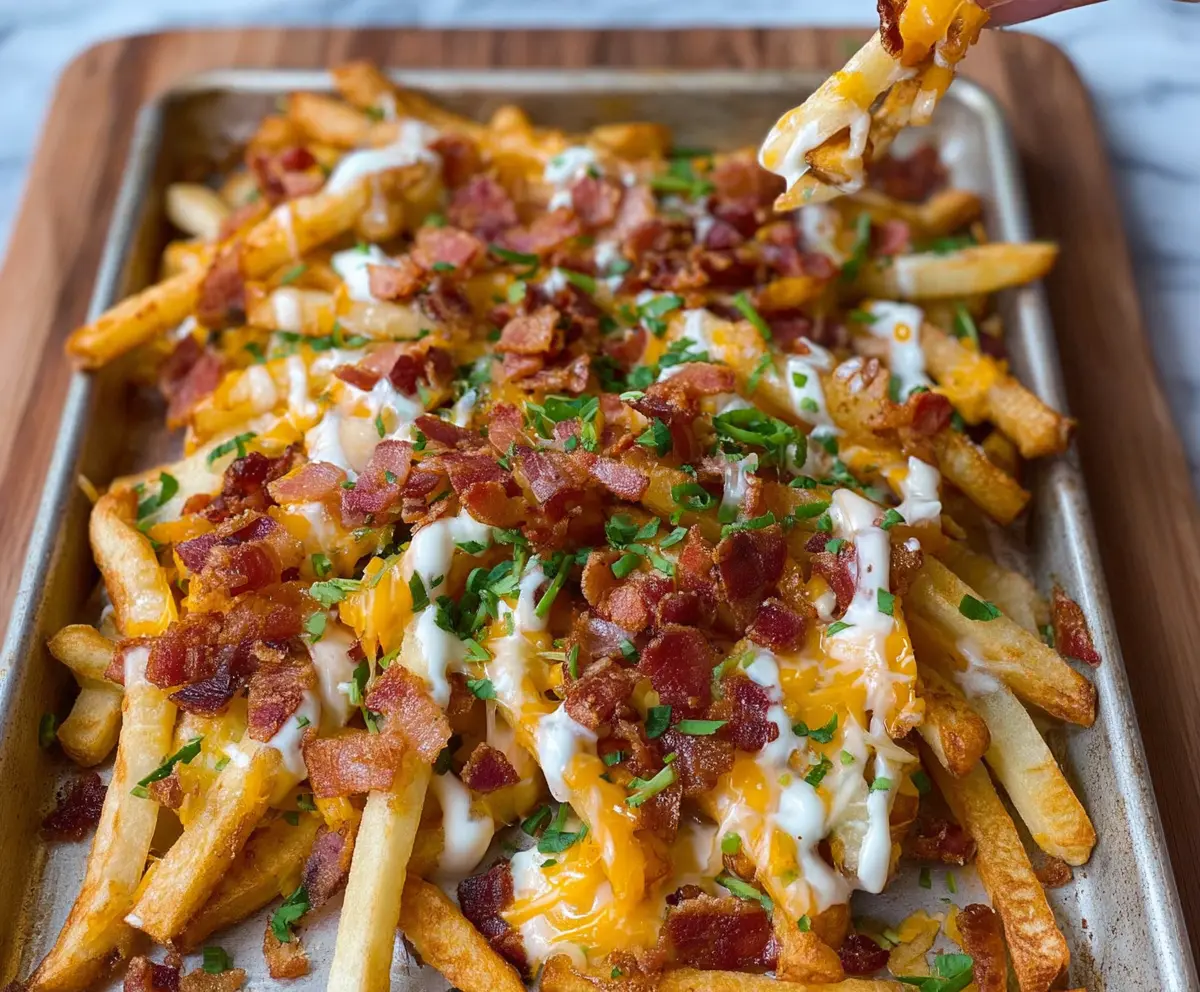 Crispy French fries topped with melted cheese, crispy bacon, and a drizzle of ranch dressing, loaded with savory toppings.