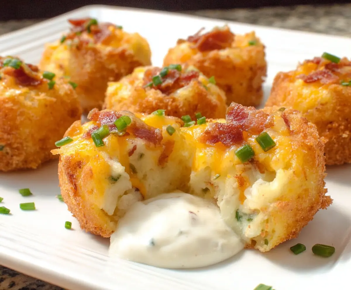 Close-up of loaded mashed potato bites topped with cheese, bacon bits, and chives