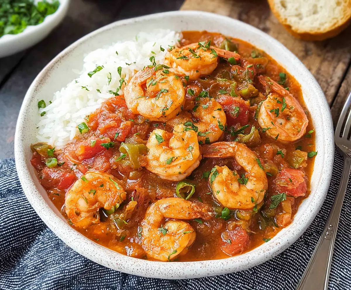 Delicious Louisiana Shrimp Creole with zesty tomatoes and fresh herbs served in a vibrant bowl