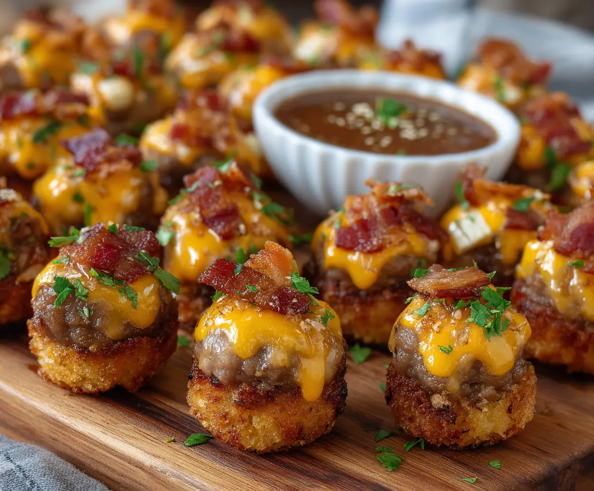 Mini bacon cheeseburger bites served on a plate with melted cheese and crispy bacon pieces.