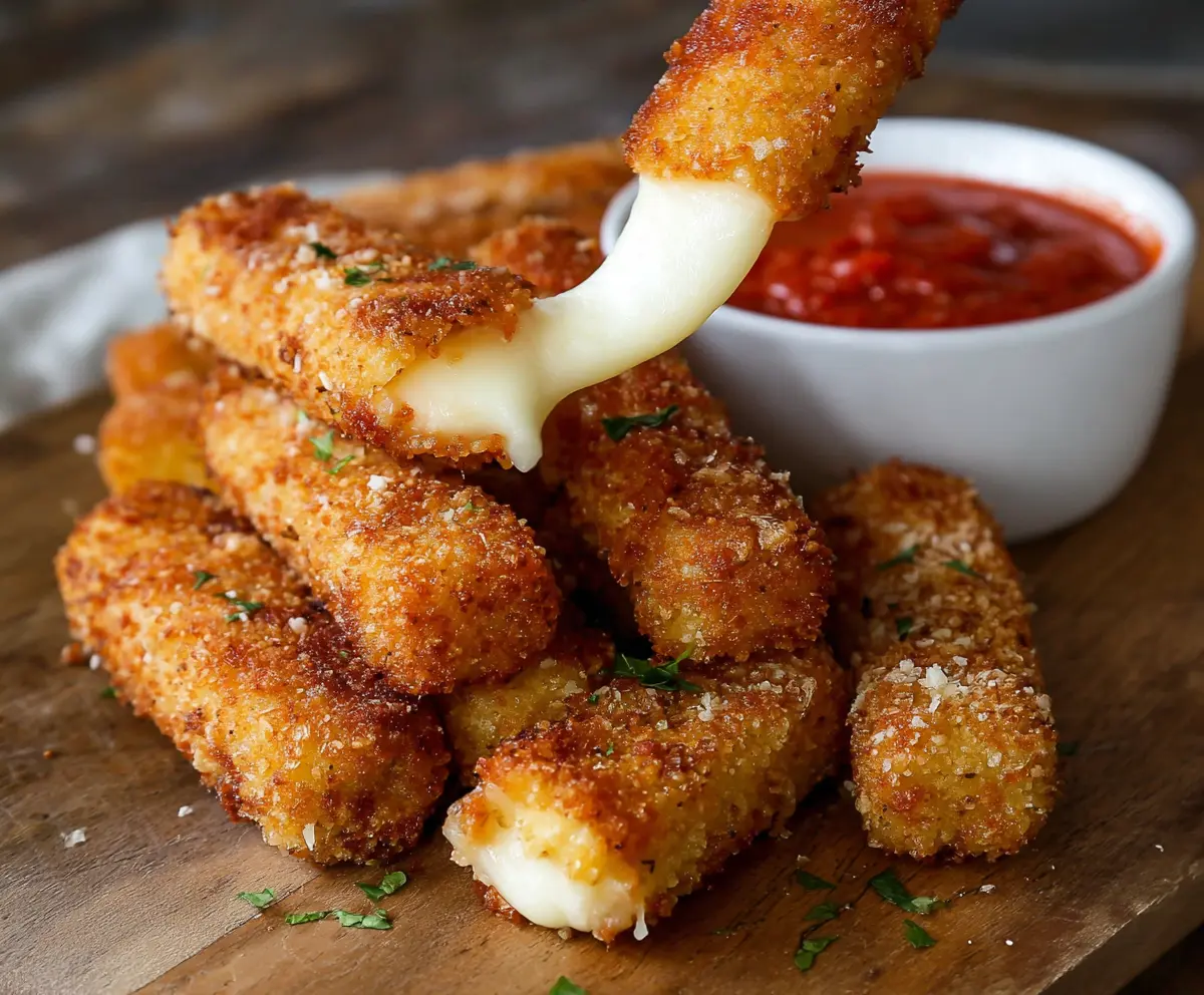 Golden crispy mozzarella sticks served with a tangy marinara dipping sauce, perfect for snacking or appetizers.