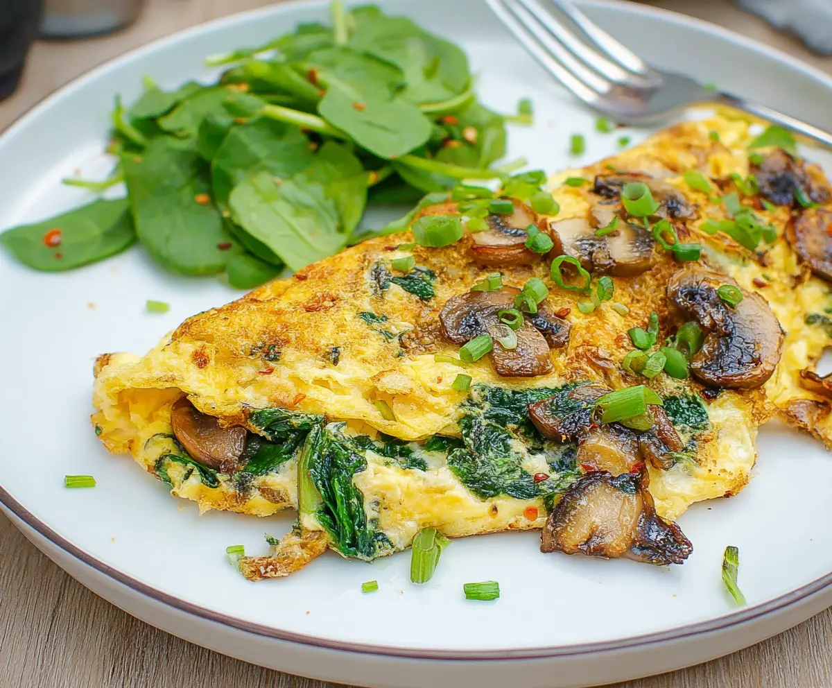 Delicious mushroom and spinach omelet in a skillet, perfect for a healthy breakfast.