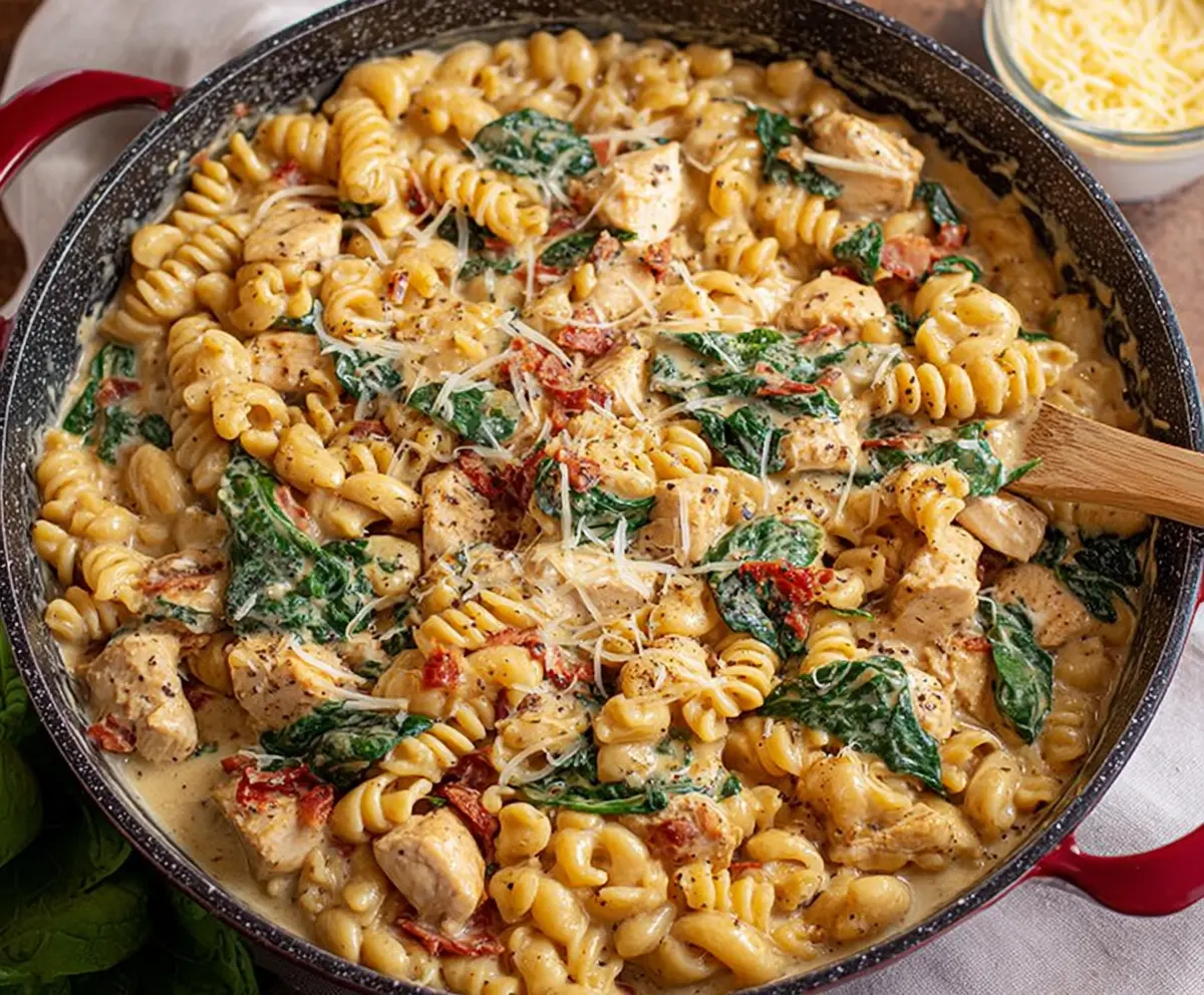 Delicious One Pot Tuscan Chicken Pasta with golden chicken pieces and creamy tomato sauce