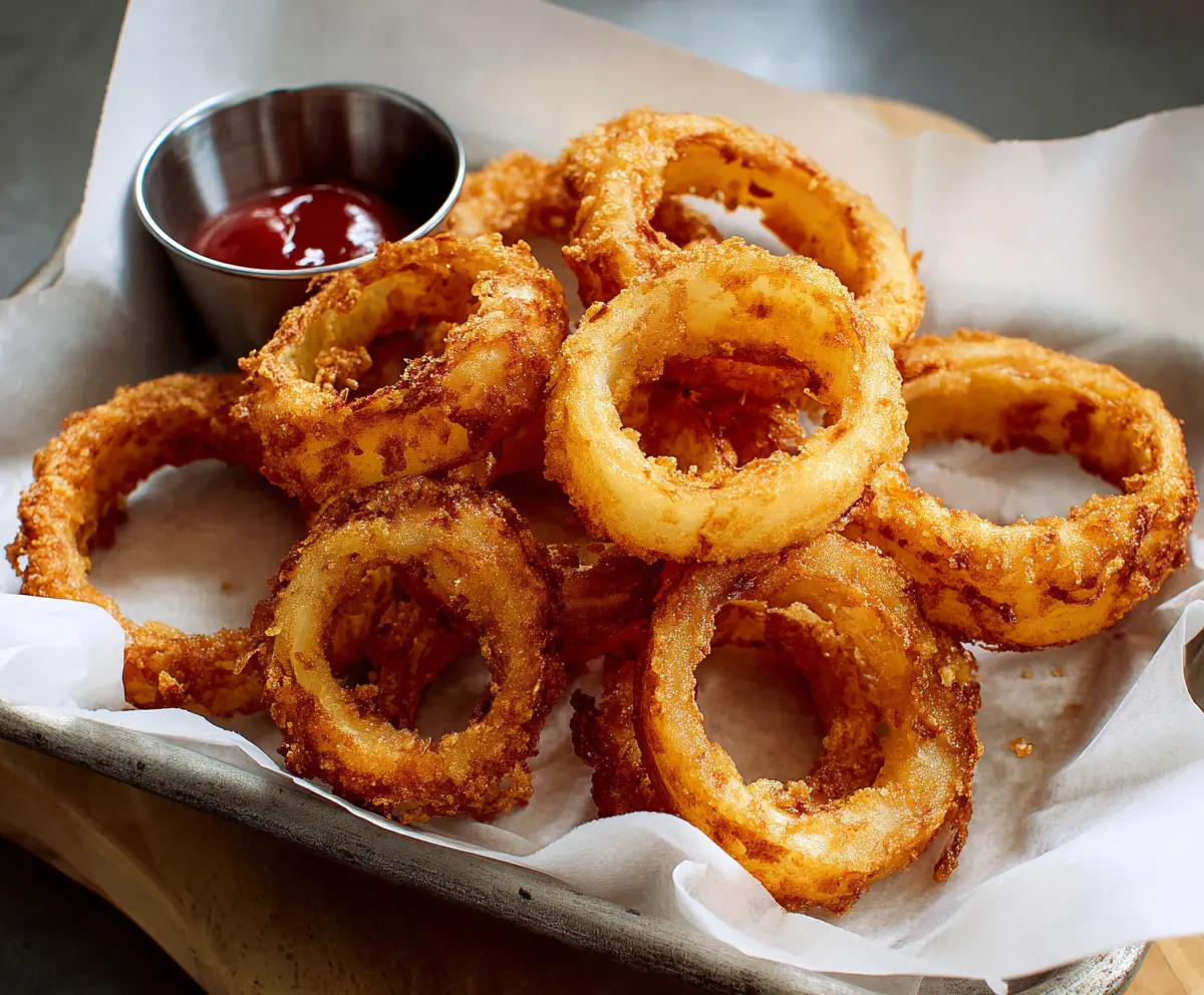 Crispy golden onion rings served with a side of dipping sauce on a white plate.