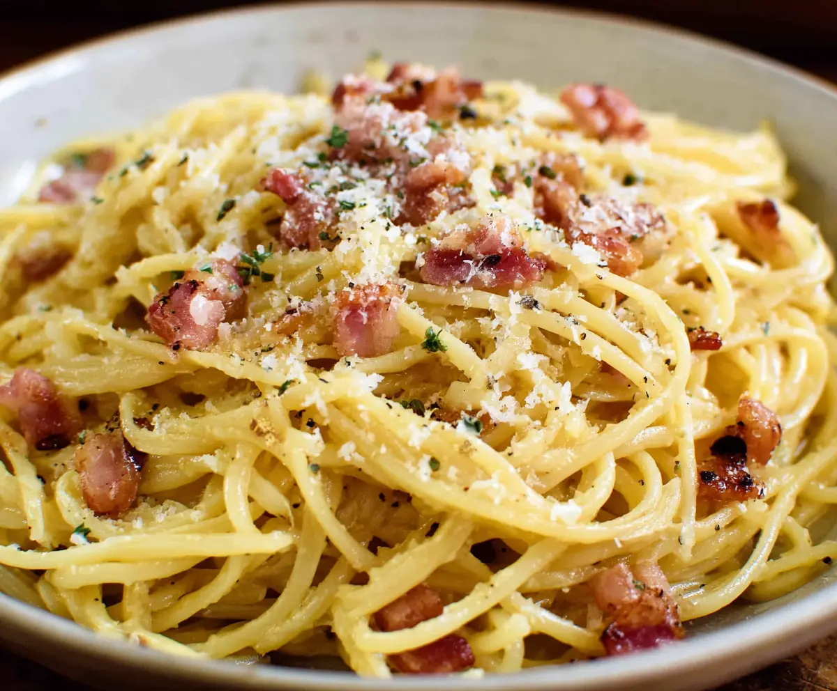 Delicious Pasta Carbonara with crispy pancetta and creamy sauce on a white plate.