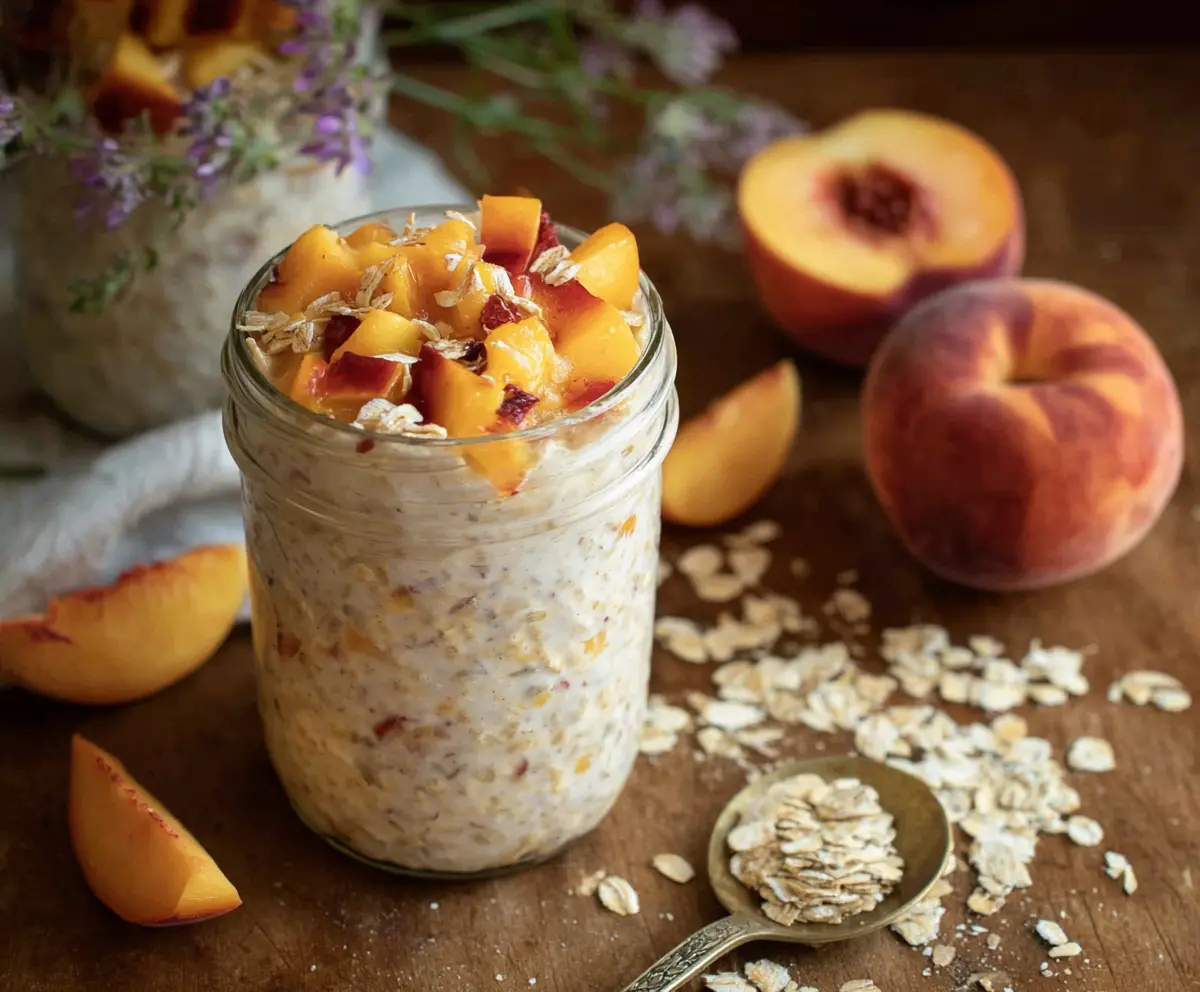 Creamy Peach Cobbler Overnight Oats in a glass jar with fresh peach slices and cinnamon.
