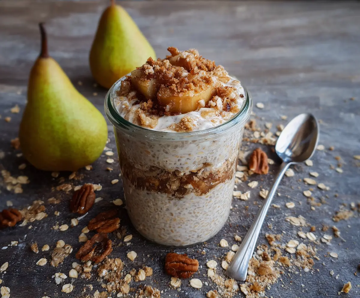 Delicious Pear Crumble Overnight Oats in a jar topped with fresh pear slices and crumble topping