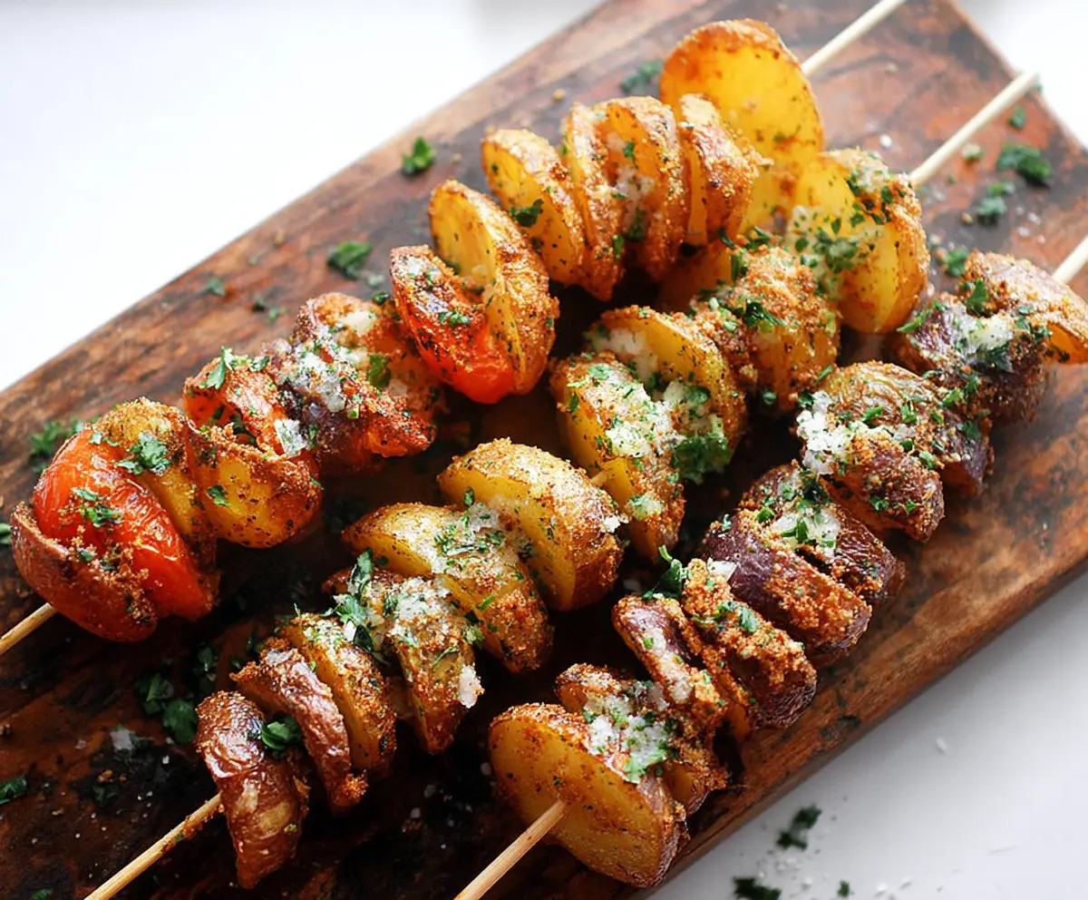 Delicious grilled potato skewers with herbs on a rustic wooden platter