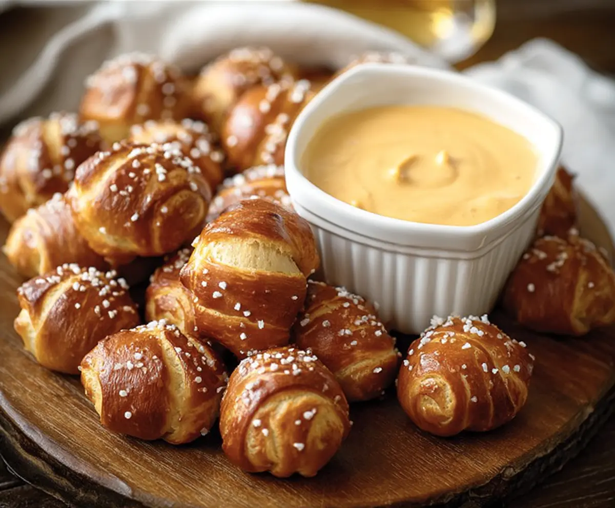 Golden pretzel bites served with a creamy beer cheese dip on a rustic platter.