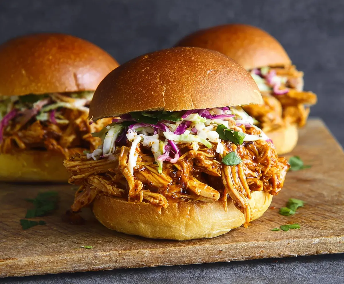 Delicious pulled chicken sandwiches with fresh buns and crispy toppings on a rustic plate.