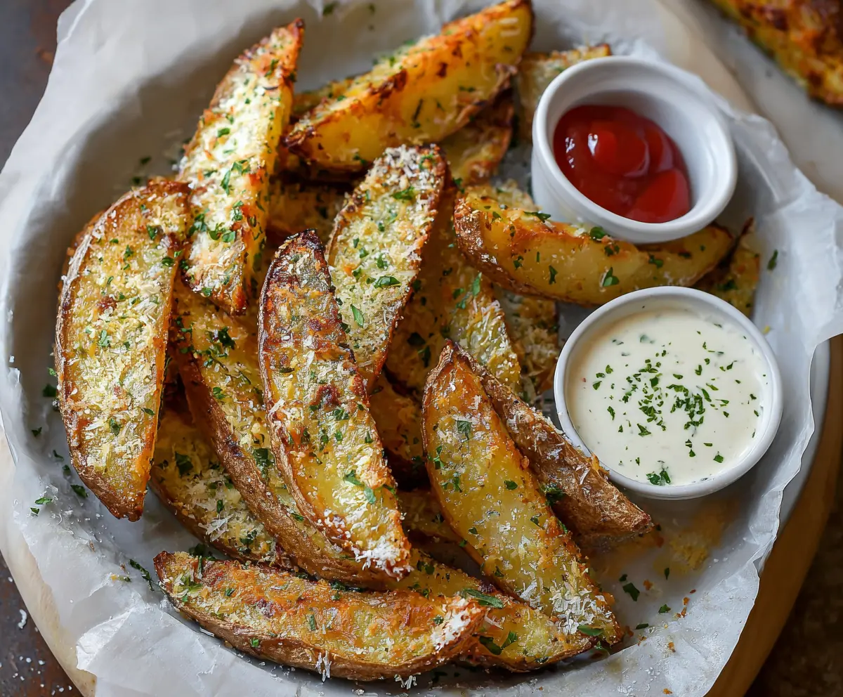 Golden roasted garlic Parmesan potato wedges served with a crispy exterior and flavorful seasoning.