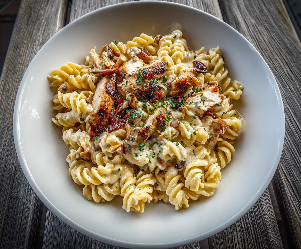 Creamy rotisserie chicken pasta with fresh herbs and Parmesan cheese in a white bowl.