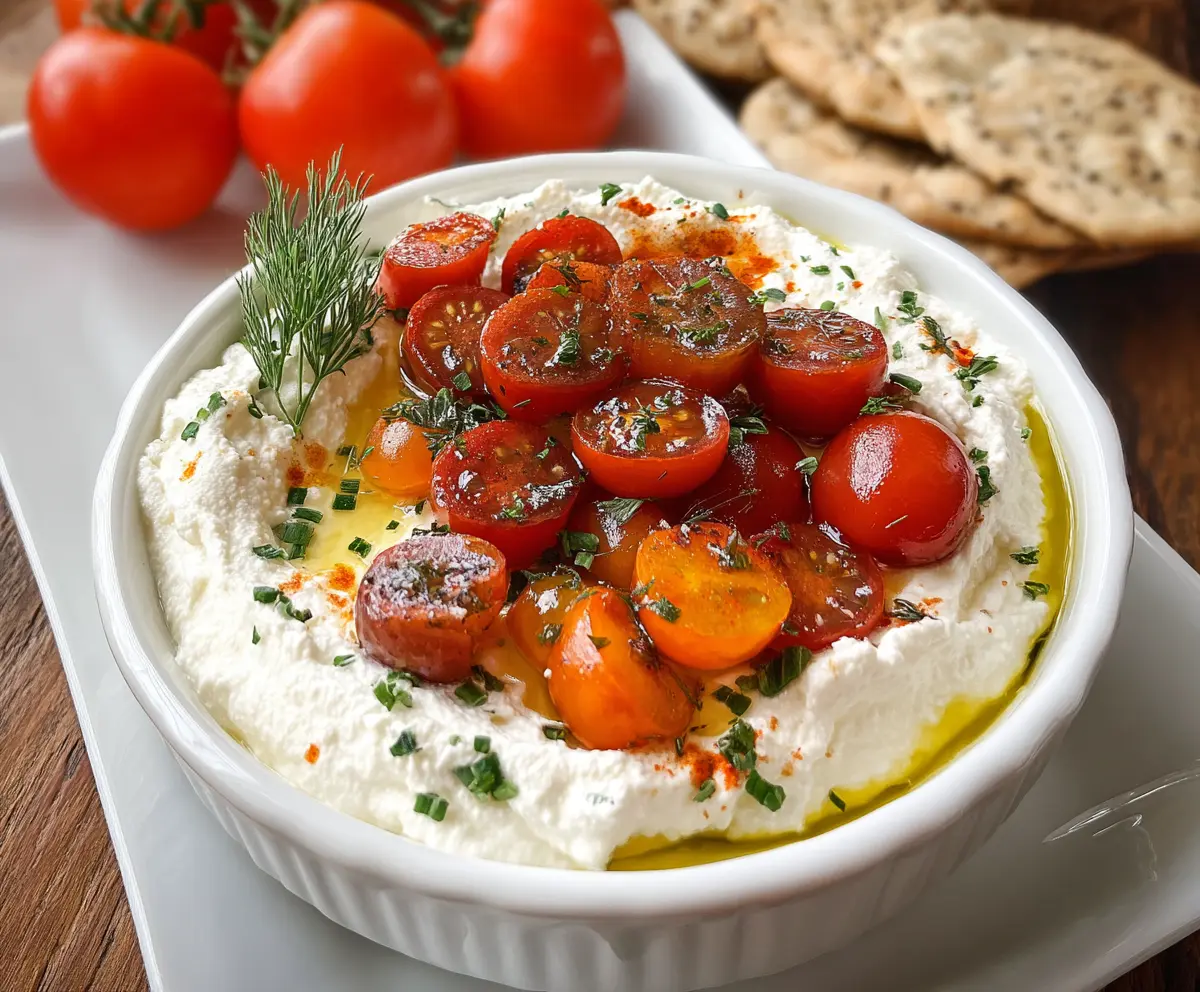 Creamy savory whipped cottage cheese topped with fresh cherry tomatoes, perfect for a healthy appetizer or snack.