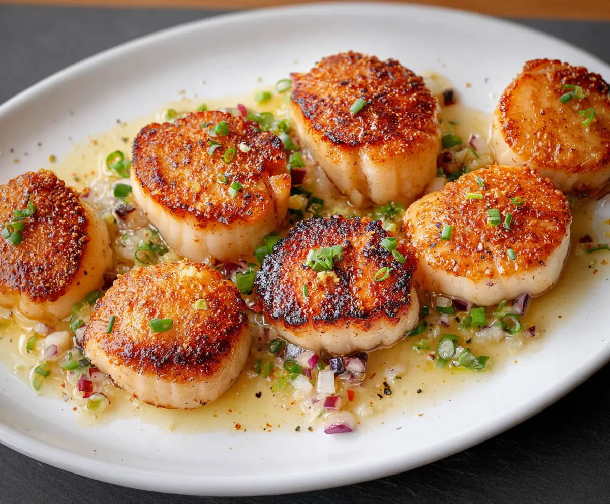 Delicious seared scallops served on a plate with a golden brown crust and fresh herbs.