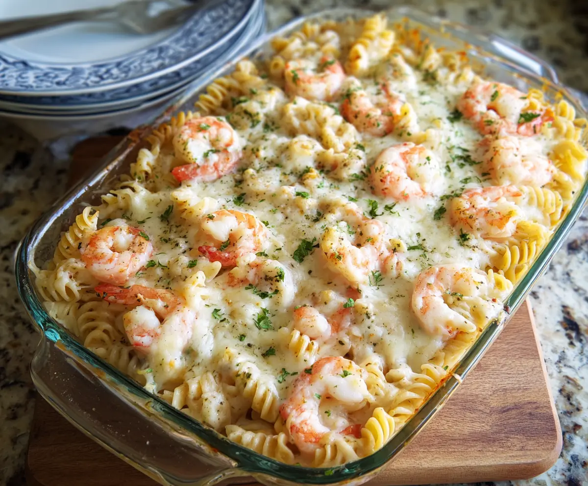 Delicious Shrimp Alfredo Pasta Bake in a casserole dish, topped with melted cheese and fresh herbs.