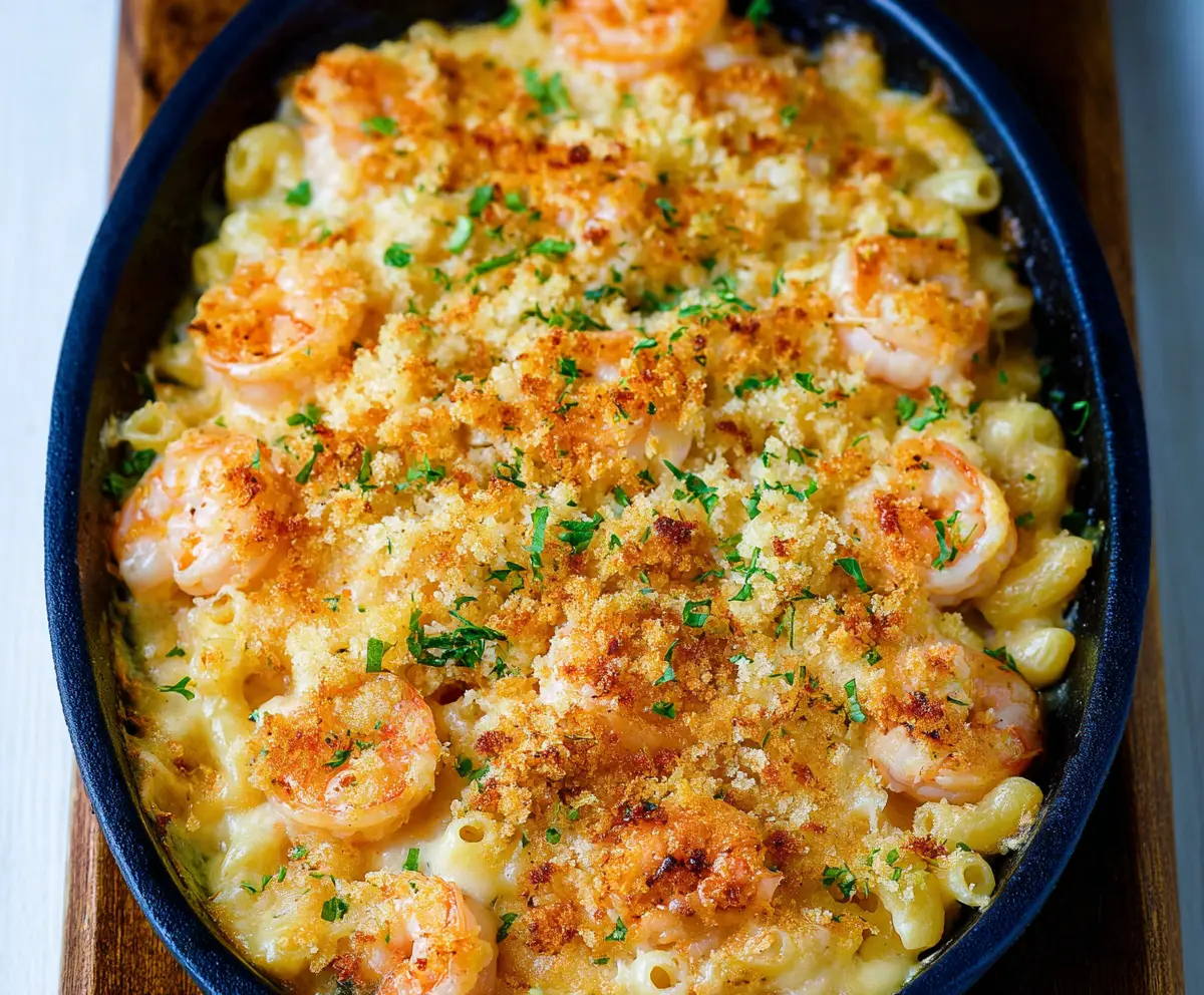 Creamy shrimp mac and cheese served in a bowl with melted cheese and herbs