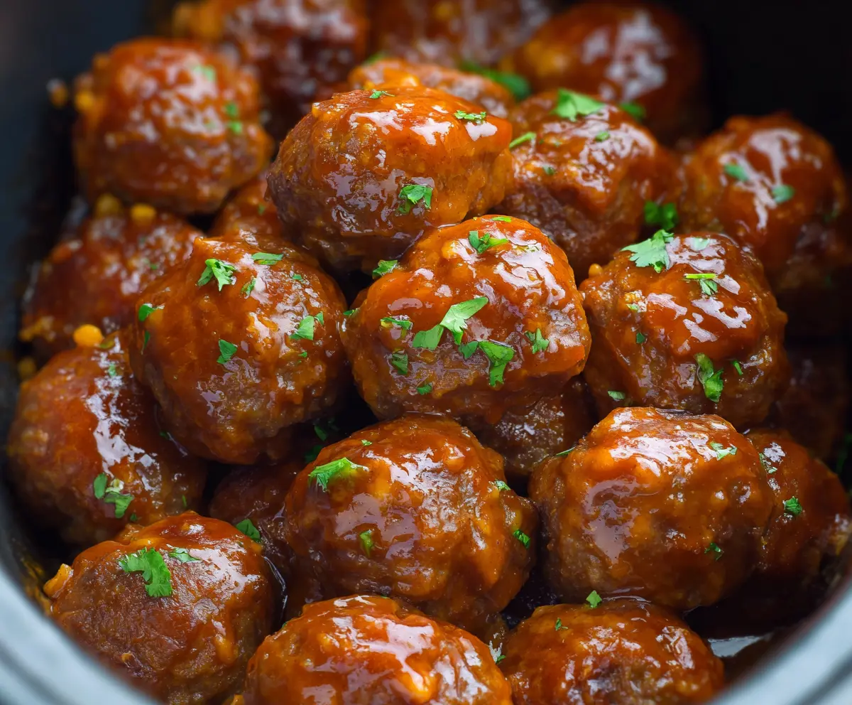 Delicious slow cooker honey buffalo meatballs glazed with honey and buffalo sauce served in a bowl.